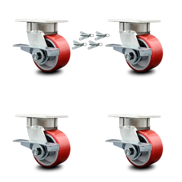 4 Inch Kingpinless Red Poly on Steel Wheel Caster Set Brake and Swivel Lock